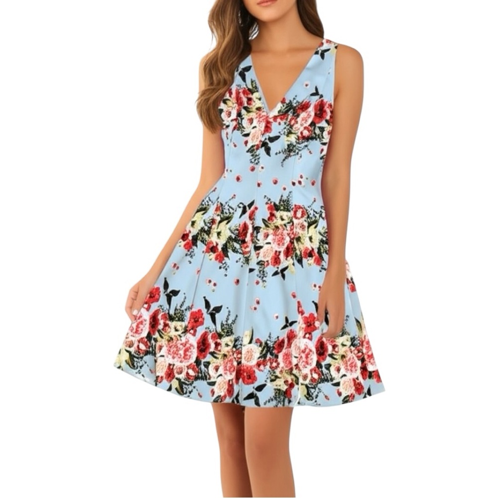 Jessica Simpson Floral Pleated Fit & Flare Mini Dress 4 Blue Red Pink Coquette